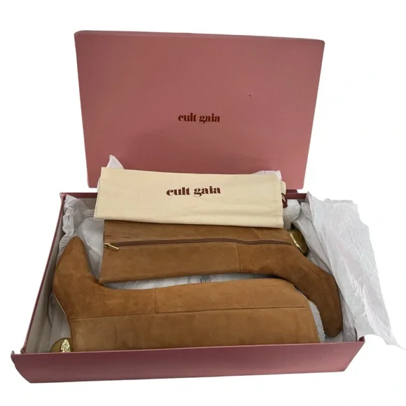 Cult Gaia NEW Zuri Knee High Boot in Camel Brown Gold Sculptural Heel Size 9 - Picture 4 of 14